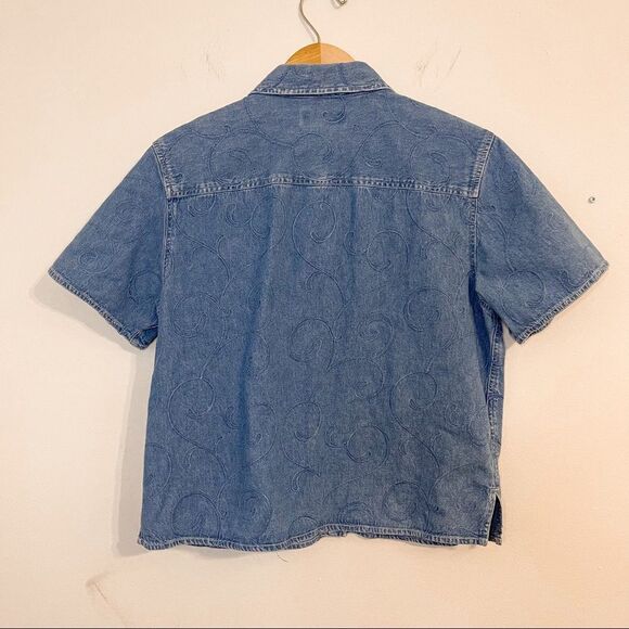 Vintage Denim Cropped Embroidered Filigree Button Down Top Size Large - Picture 2 of 6